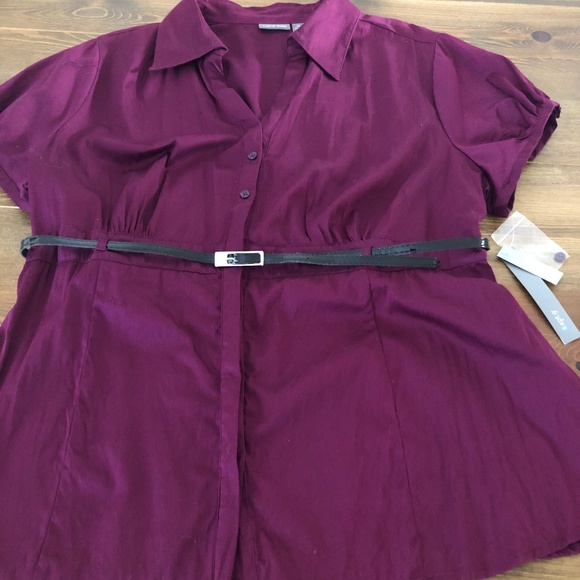 Cotton Plum V-Neck Collar w Belt Short Sleeve Blouse - Picture 4 of 9